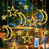 138 LED Solar Moon Star String Lights, Solar Curtain Lights with 8 Lighting Mode and Remote Control, Solar Powered Fairy String Lights for Patio Porch Window Backyard, Warm White