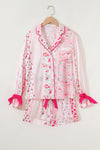 Pink Mixed Floral Print Contrast Piping Trim Satin Tie Pajama Set