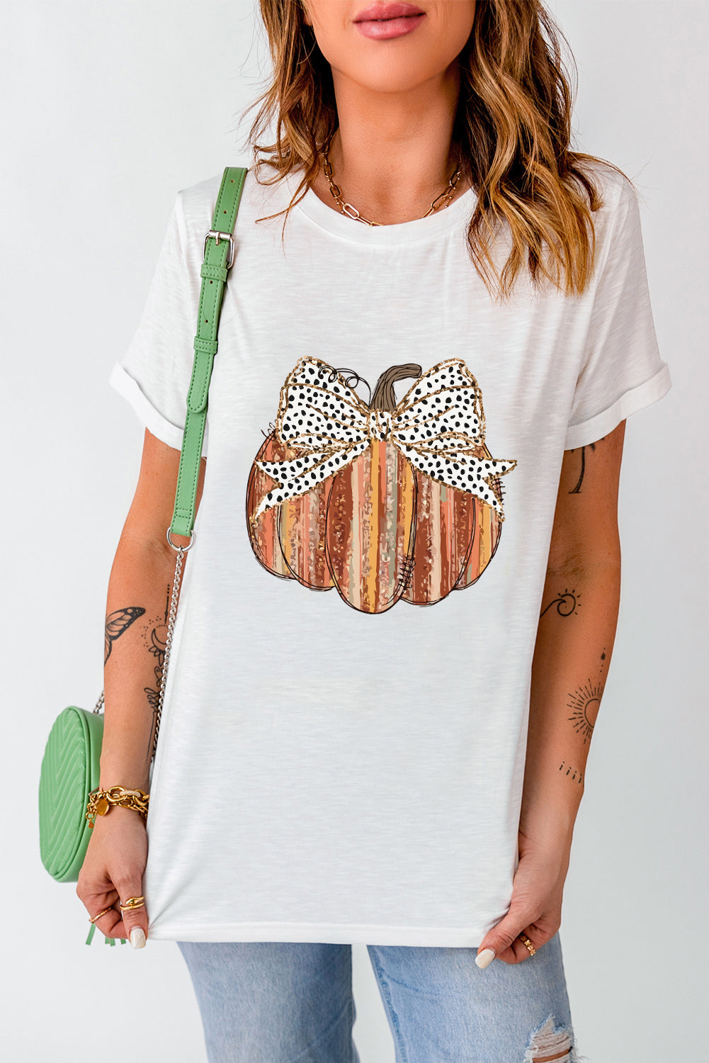 White Thanksgiving Bowknot Pumpkin Print Graphic T Shirt