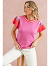 Bright Pink Contrast Sleeve Striped Round Neck Knitted Tee