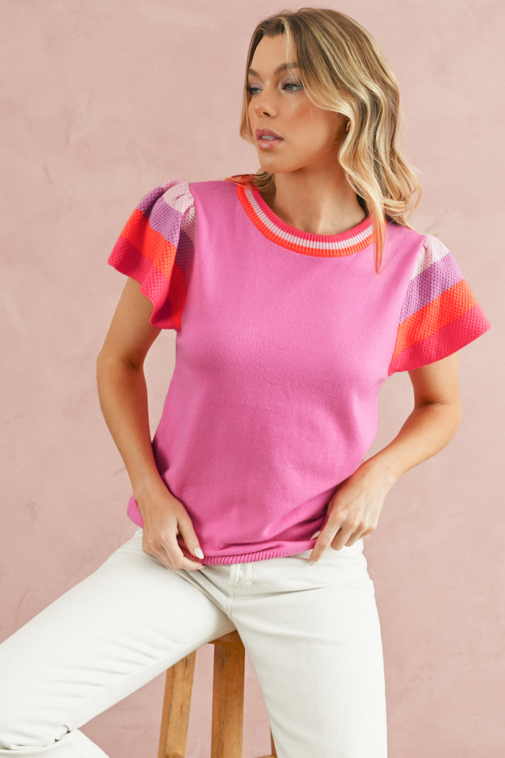 Bright Pink Contrast Sleeve Striped Round Neck Knitted Tee