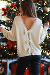 White Round Neck Lace Trim Bow Back Knit Sweater