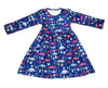 Pretty Blue Dino Long Sleeve Milk Silk Dress