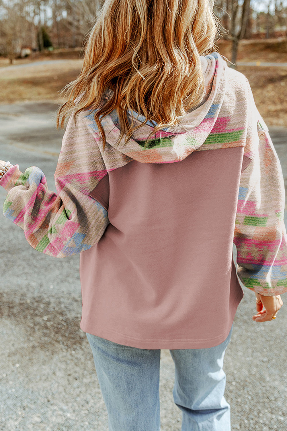 Light Pink Geometric Patchwork Hooded Zip Up Jacket