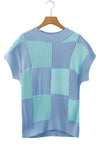 Light Blue Checkered Color Block Crew Neck Short Sleeve Sweater