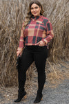 Mineral Red Plus Size Plaid Print Button Decor Asymmetric Neck Top