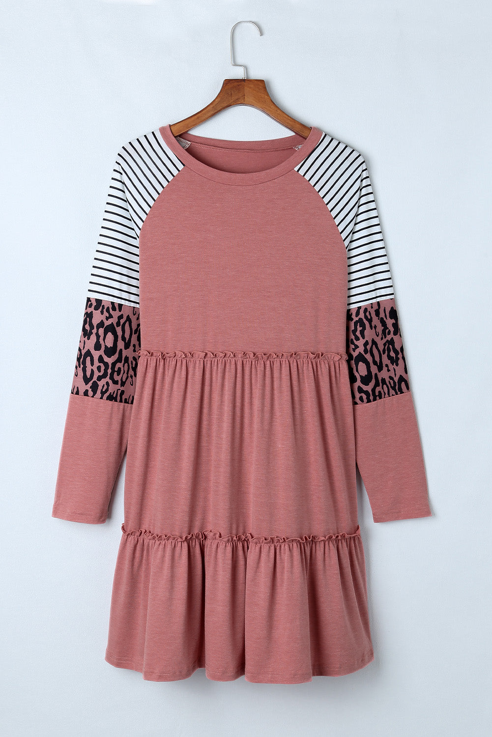 Pink Striped Leopard Patchwork Frill Long Sleeve Short Dress