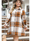 Khaki Plus Size Plaid Flounce Sleeve Button Up Shirt Dress