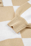 Light French Beige Checkered V-Neck Collared Pullover Sweater