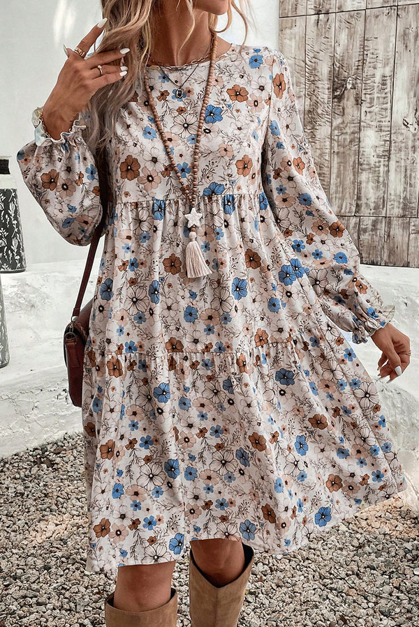 Khaki Floral Print Puff Sleeve Tiered Dress