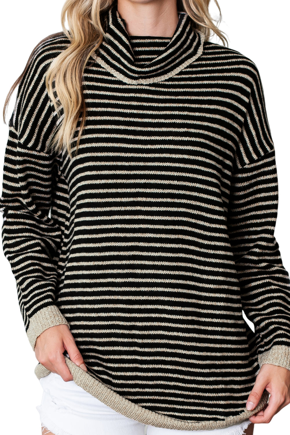 Brown Striped Turtleneck Oversized Sweater