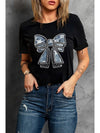 Black Rhinestone Bowknot Graphic Crewneck T Shirt