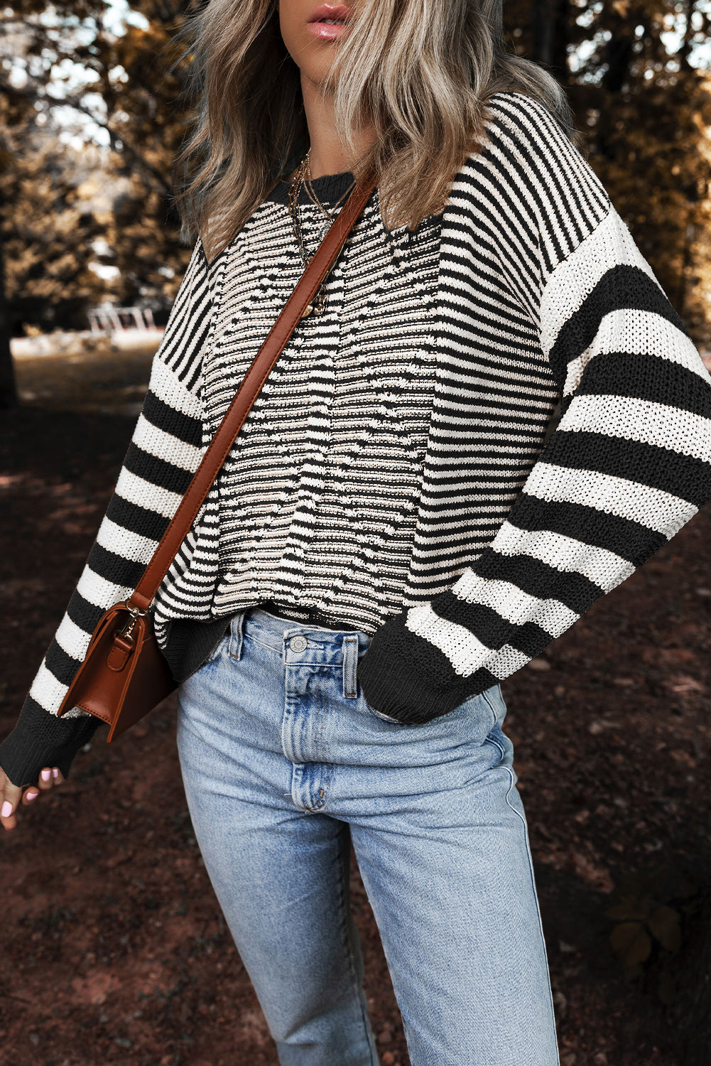 Black Stripe Twisted Knitted Drop Shoulder Sweater