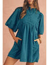 Light Blue Snap Button Empire Waist Lantern Sleeve Corduroy Dress