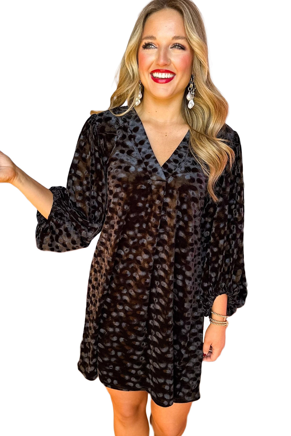 Black Textured V Neck Balloon Sleeve Velvet Mini Dress