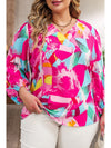 Pink Plus Size Graffiti Print Split Neck Puff Sleeve Blouse