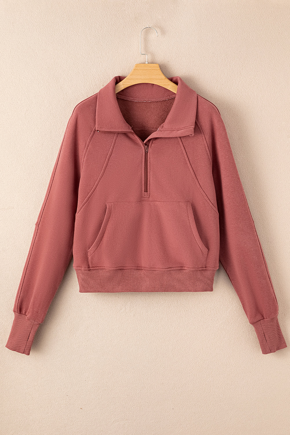 Flamingo Zip Up Stand Collar Ribbed Thumbhole Sleeve Sweatshirt