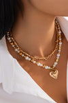 Gold Heart Pendant Pearl Chain 2pcs Necklace Set