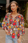 Black Floral Print 3/4 Puff Sleeve Frill Neck Blouse