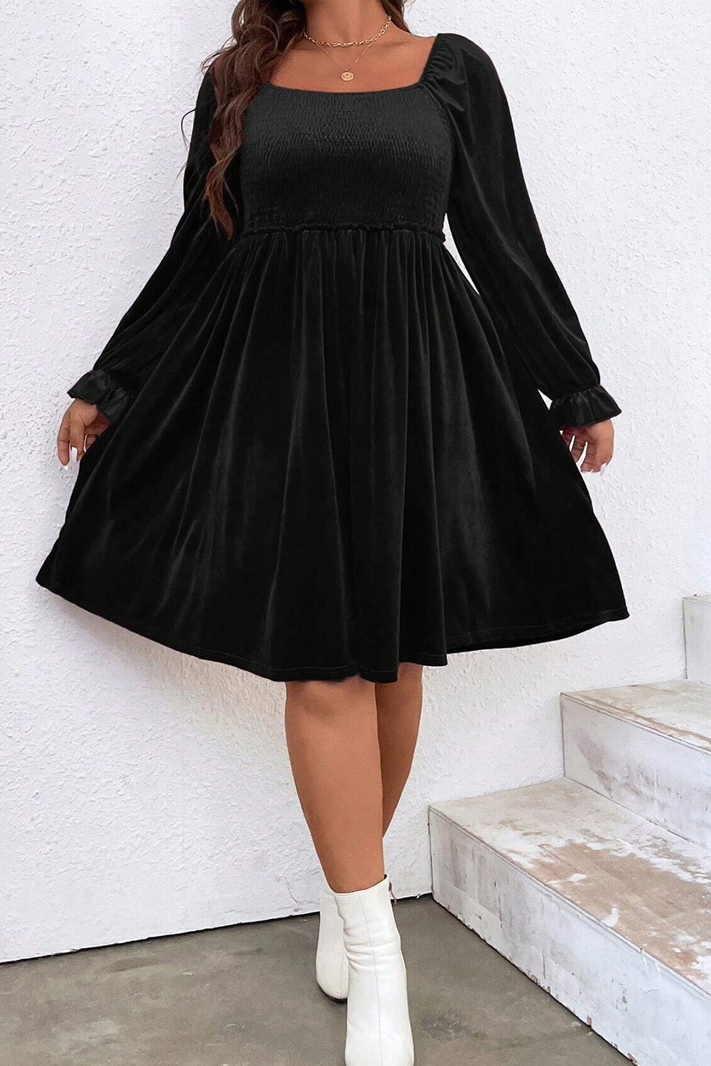 Black Velvet Flounce Sleeve Shirred Bodice Plus Size Babydoll Dress