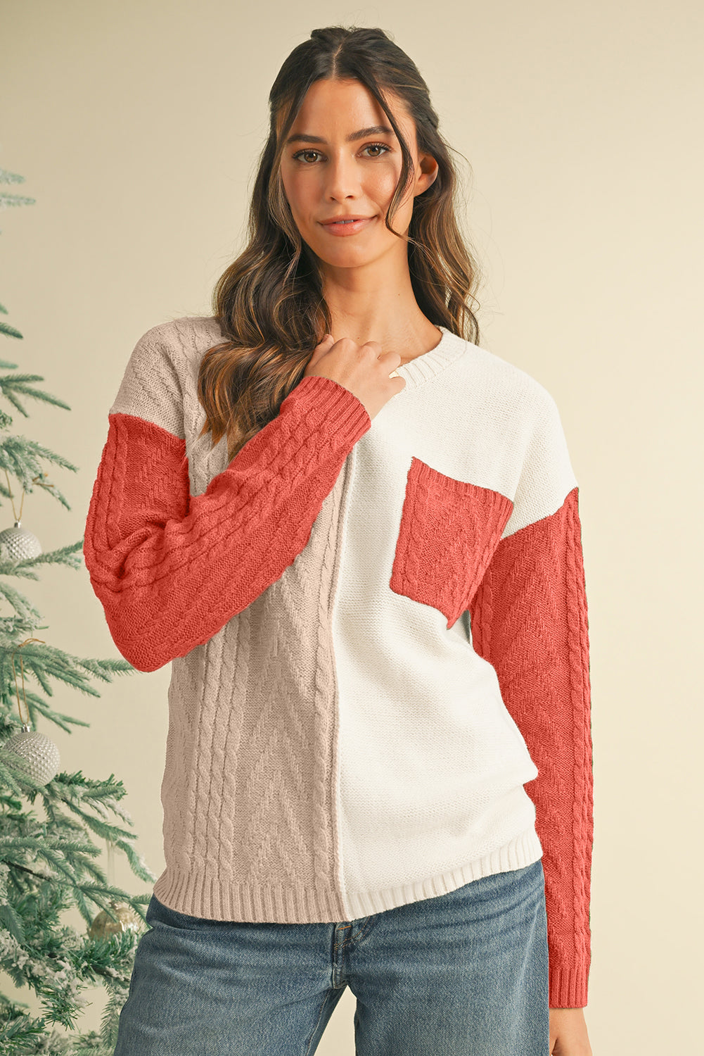 Rose Tan Colorblock Pocket Drop Shoulder Sweater