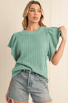 Beige Solid Color Textured Ruffle Short Sleeve Knit Top