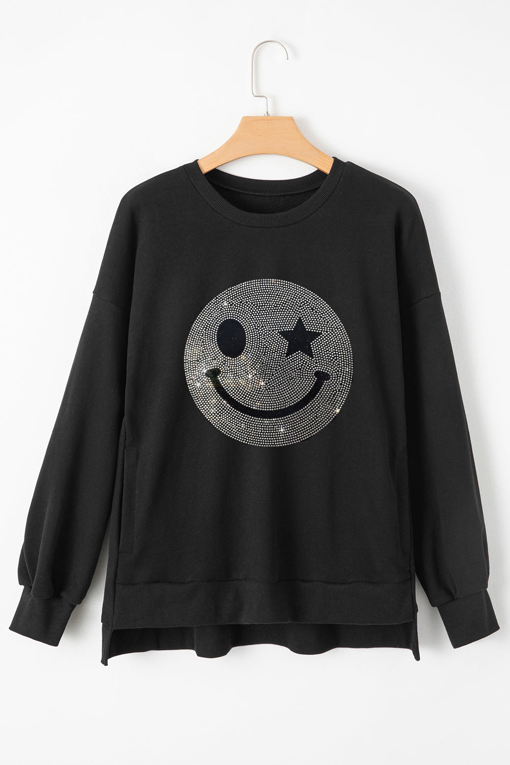 Valerian Rhinestone Smile Face Pattern High Low Hem Sweatshirt