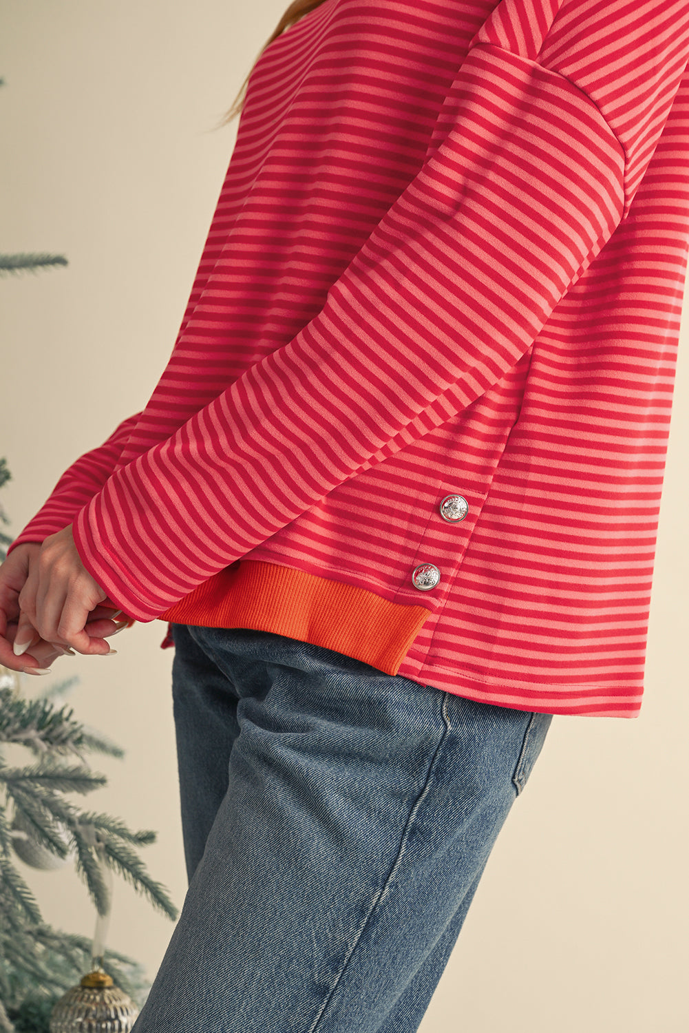 Tomato Red Two Tone Striped Side Buttons Drop Shoulder Top