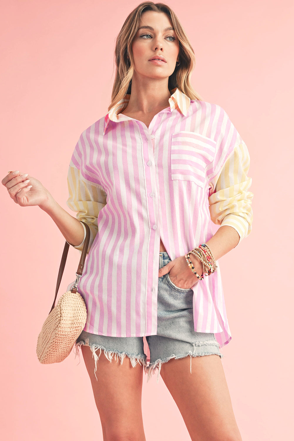 Pink Stripe Contrast Collar Long Sleeve Shirt