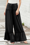 Black Frill Detail Drawstring High Waist Wide Leg Pants