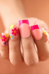 Pink French Color Block Flower Pattern Press on Nails