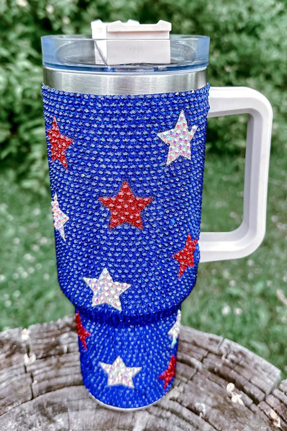 Dark Blue Star Rhinestone Handle Large Vacuum Cup 40oz