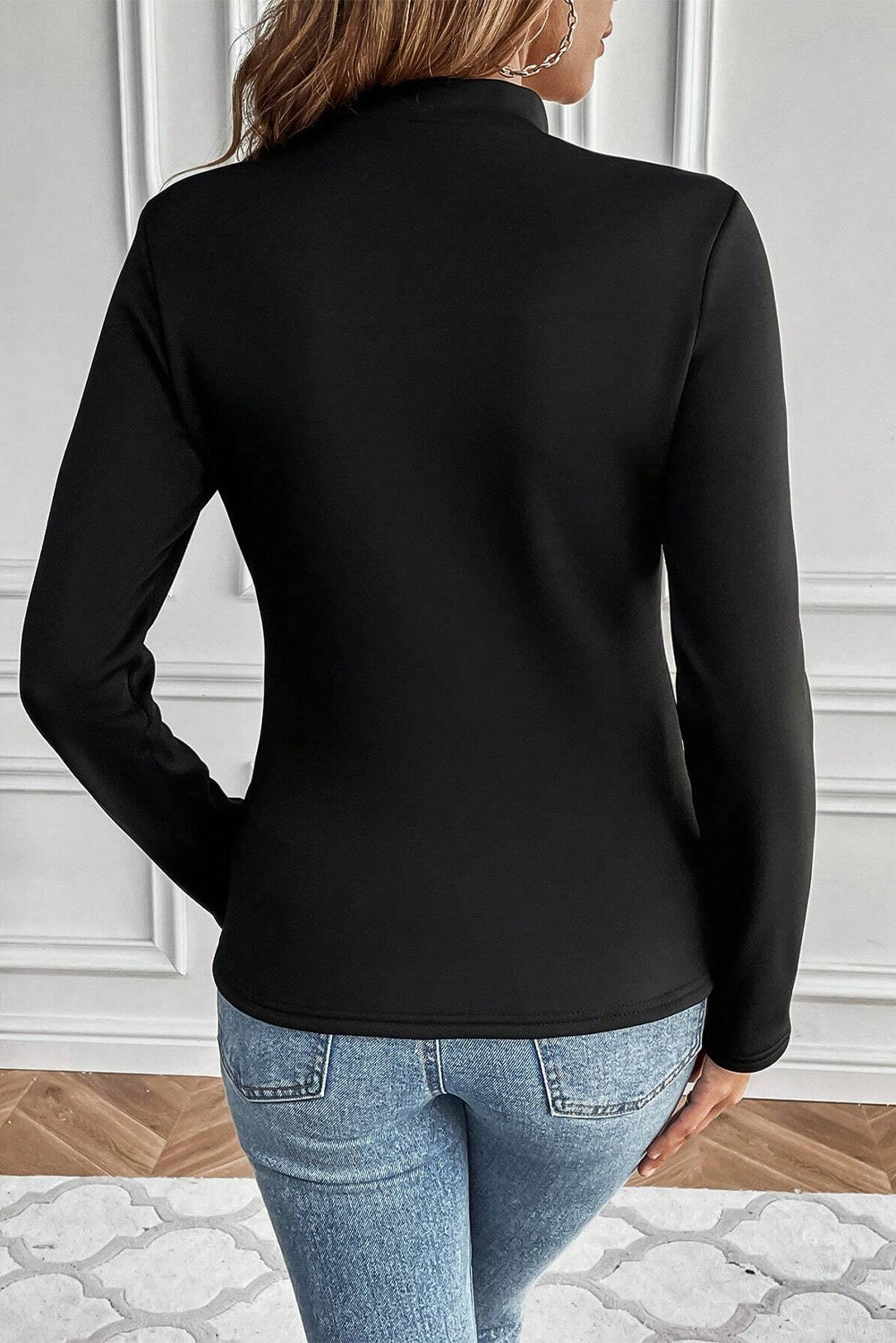 Black Solid Color Mock Neck Thermal Lined Long Sleeve Top