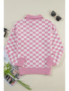 Apricot Checkered Buttons Collar V Neck Drop Shoulder Sweater