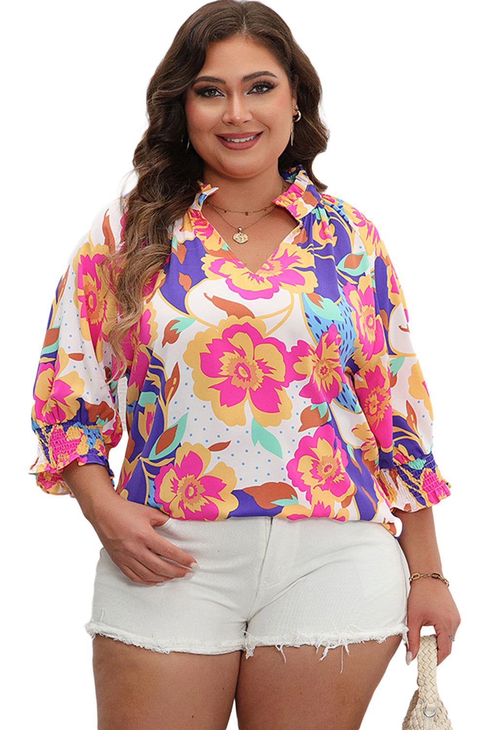 Rose Red Floral Puff Sleeve Notched Neck Plus Blouse