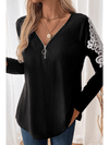 Black Lace Applique Zipper V Neck Long Sleeve Top