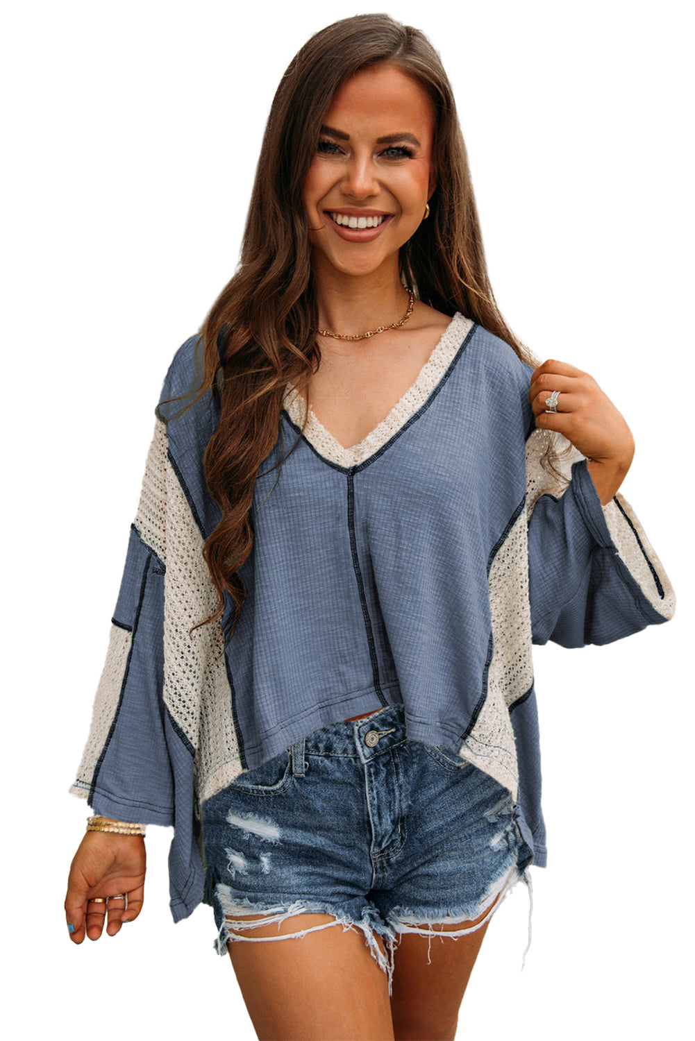 Parchment Crochet Patchwork Exposed Seam Loose Top