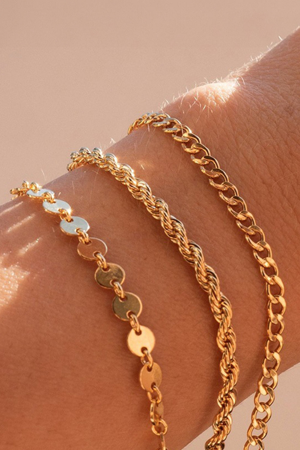 Gold 3Pcs Disc Plated Adjustable Chain Bracelet Set