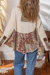 Beige Paisley Ethnic Print Waffle Patchwork Long Sleeve Loose Top