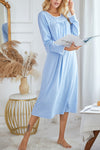 Beau Blue Lace Trim Long Sleeve Nightgown Dress