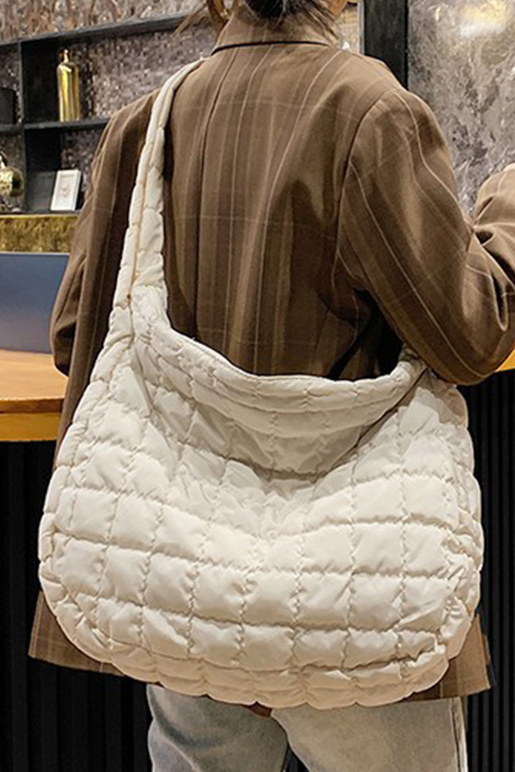 Light French Beige Quilted Zipper Large Shoulder Bag