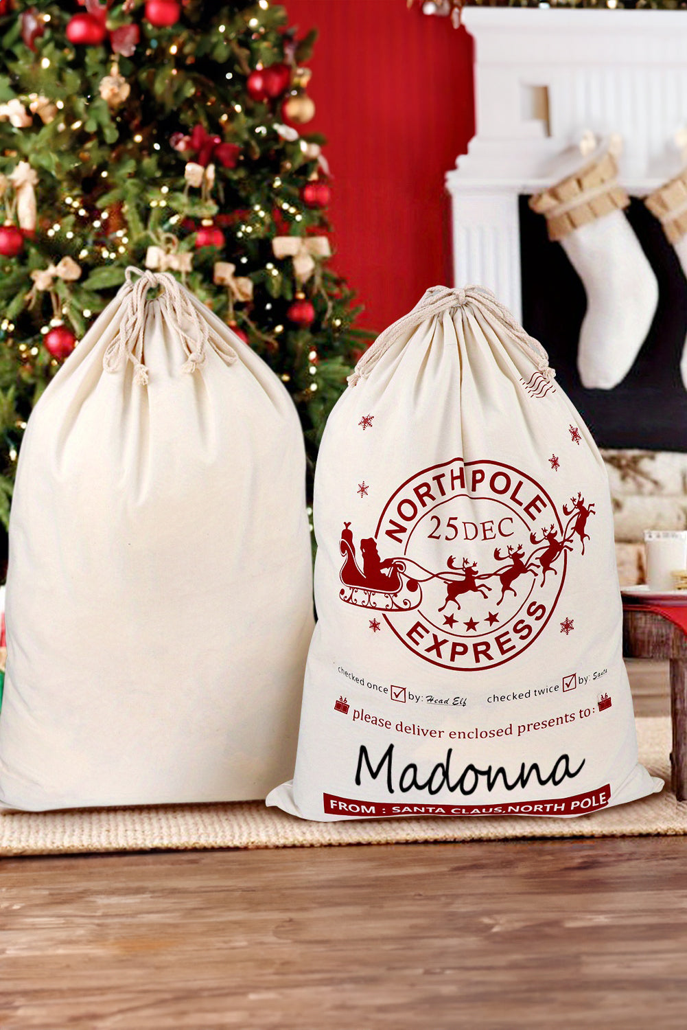 White Linen Drawstring Christmas Gift Sack