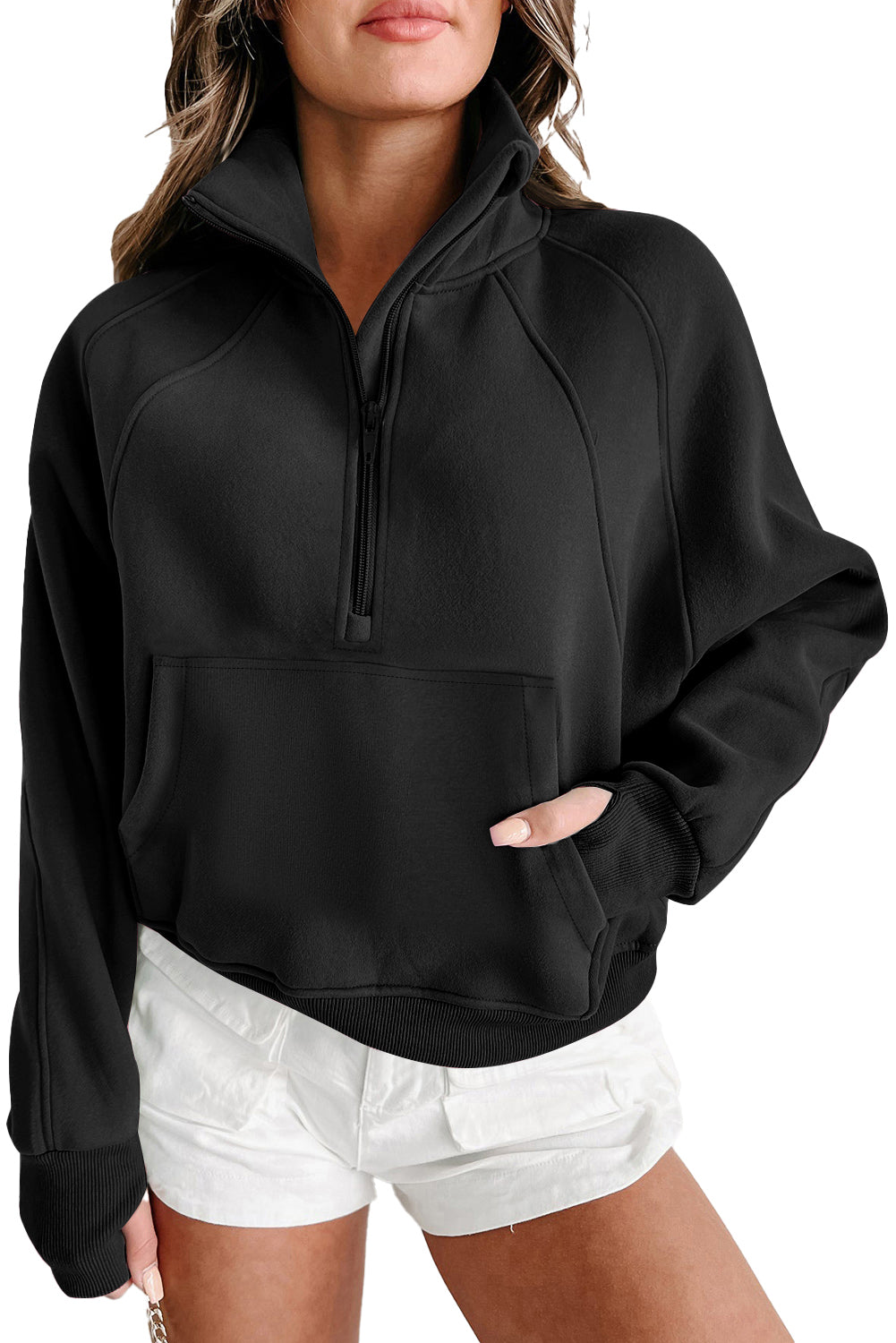 Parchment Quarter Zip Stand Neck Kangaroo Pocket Sweatshirt