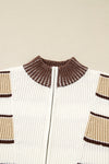 Khaki Striped Colorblock Zip Neck Knit Sweater