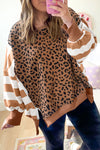Khaki Striped Leopard Colorblock Side Slits Sweatshirt