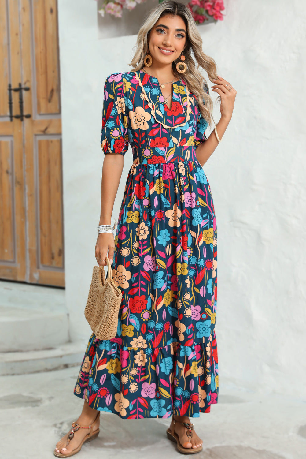 Green Floral Print Split V Neck Puff Sleeve Maxi Dress