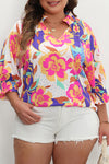 Rose Red Floral Puff Sleeve Notched Neck Plus Blouse