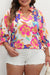 Rose Red Floral Puff Sleeve Notched Neck Plus Blouse