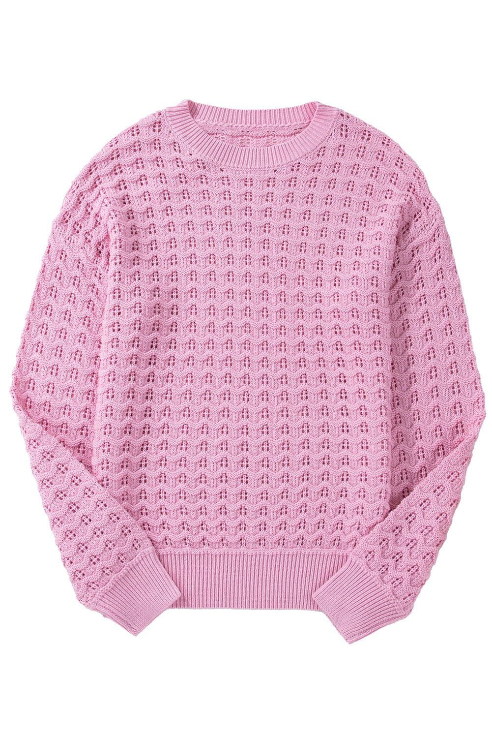 Pink Crochet Knit Drop Shoulder Sweater