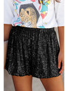 Black Sequin Straight Leg High Waist Casual Shorts